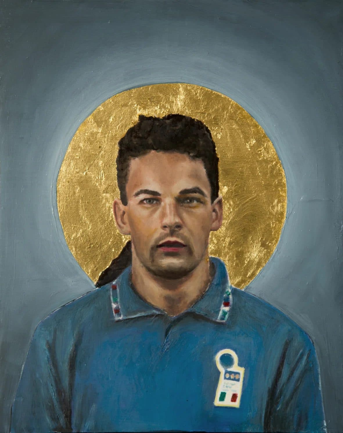 Painting of Roberto Baggio in the blue Italy shirt, with a halo of gold leaf behind him