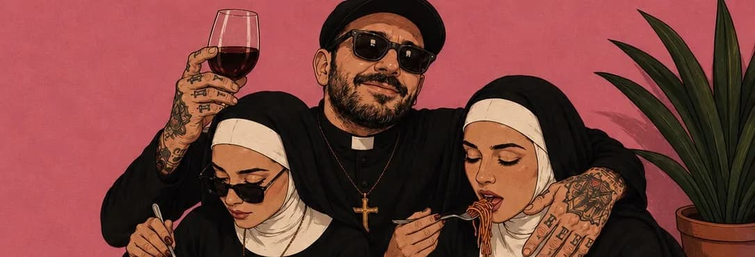 Illustration der Speisekarte: ein tätowierter Priester mit Sonnenbrille und zwei Nonnen essen Spaghetti