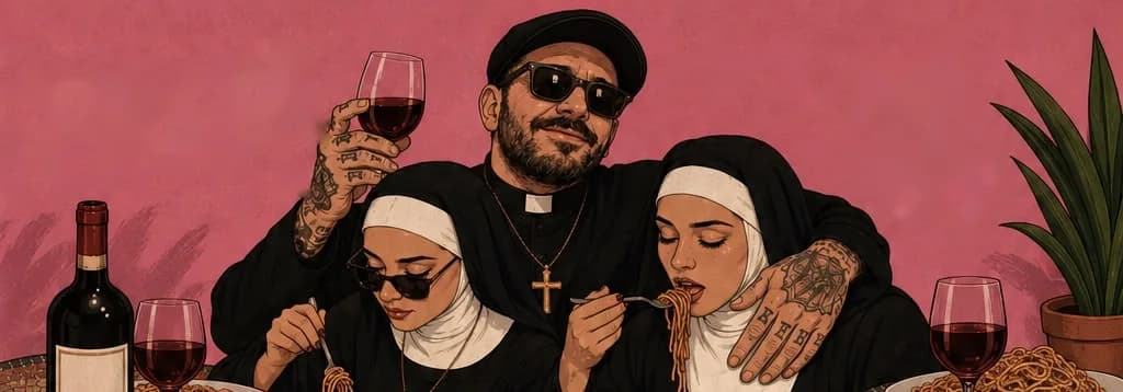 Illustration der Speisekarte: ein tätowierter Priester mit Sonnenbrille und zwei Nonnen essen Spaghetti